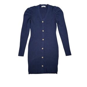 Grace Karin Navy Blue Ribbed Knit Puff Shoulder Button Front Cardigan Dress XL
